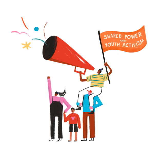 Shared power and youth activism illustration. Young woman sitting on someone's shoulders in a group, shouting through a megaphone