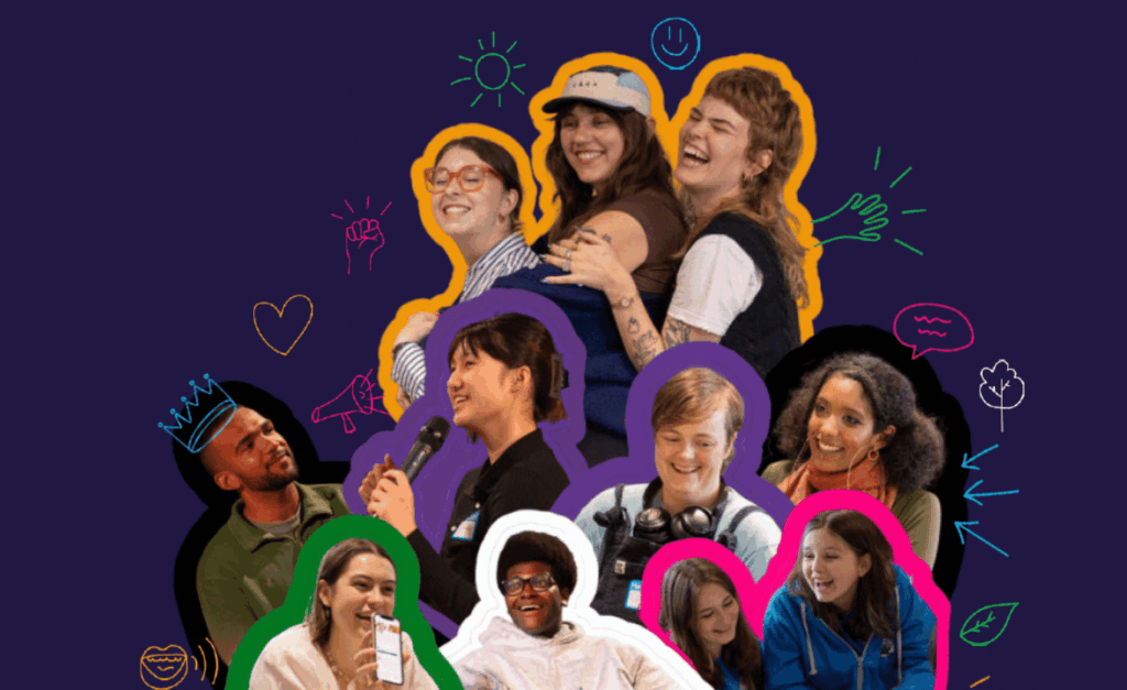 collage of young people funded by young gamechangers fund with doodle illustrations in the background